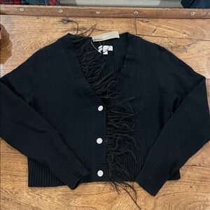 J.Crew Black Feather-Trim V-Neck Cardigan with Decorative Buttons